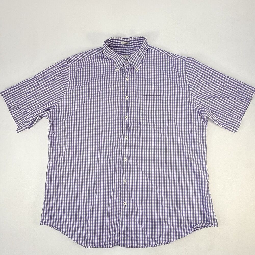 Peter Millar Men Large XL Check Button Down Up Short Sleeve Cotton Purple White